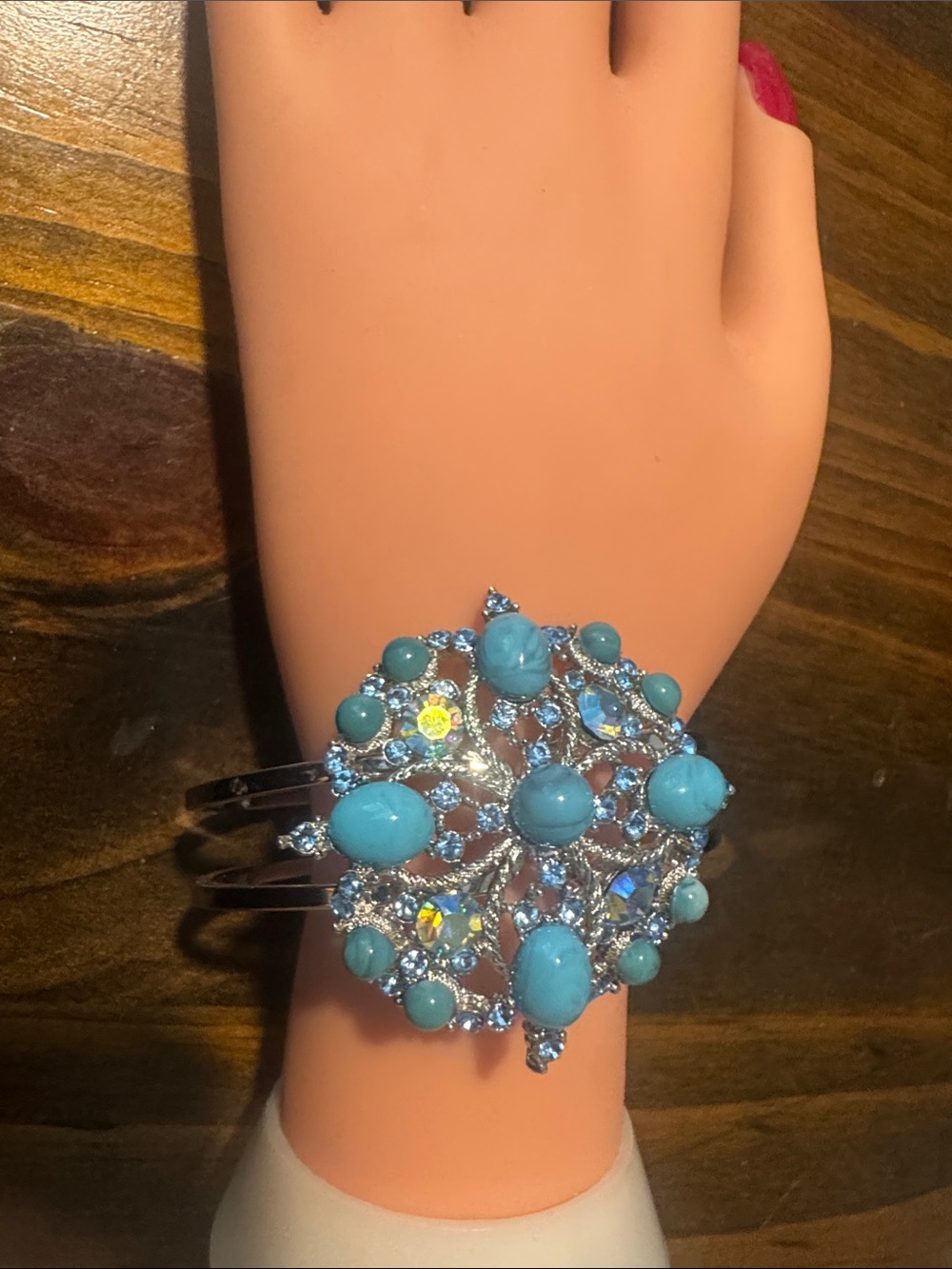 Silver-Tone Cuff Bracelet with Turquoise Stones and Crystals